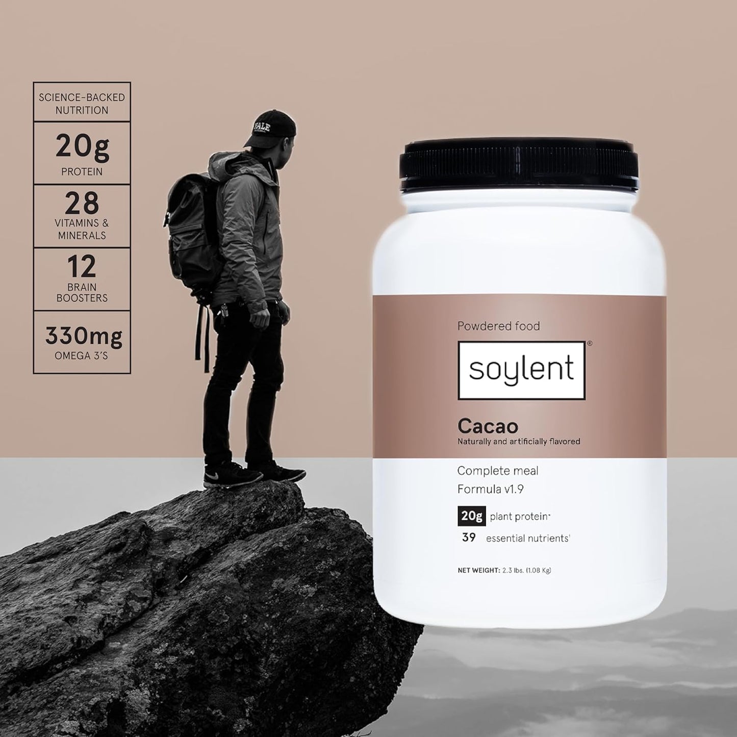 Vegan Cacao Protein Powder with 39 Essential Nutrients - Soylent Complete Nutrition Meal Replacement - 36.8oz