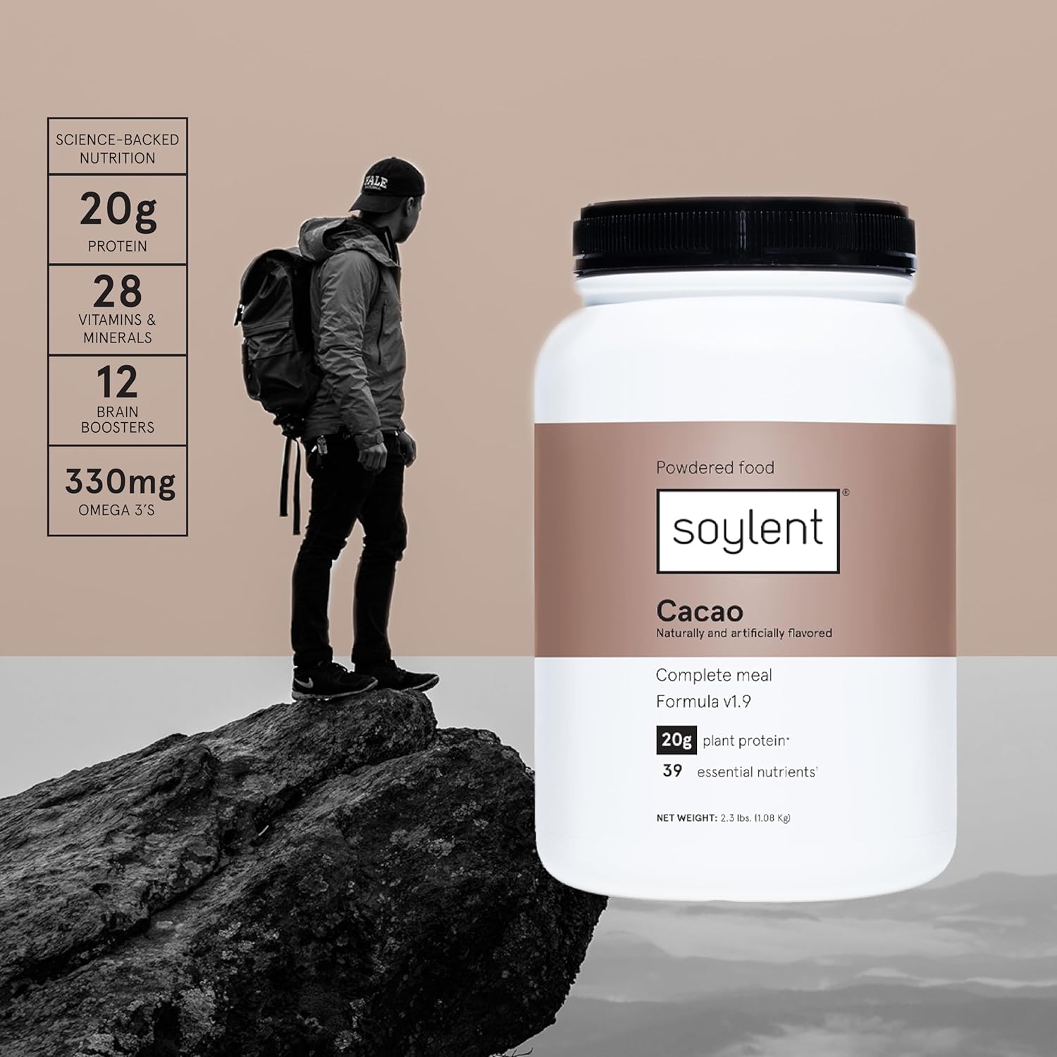 Vegan Cacao Protein Powder with 39 Essential Nutrients - Soylent Complete Nutrition Meal Replacement - 36.8oz