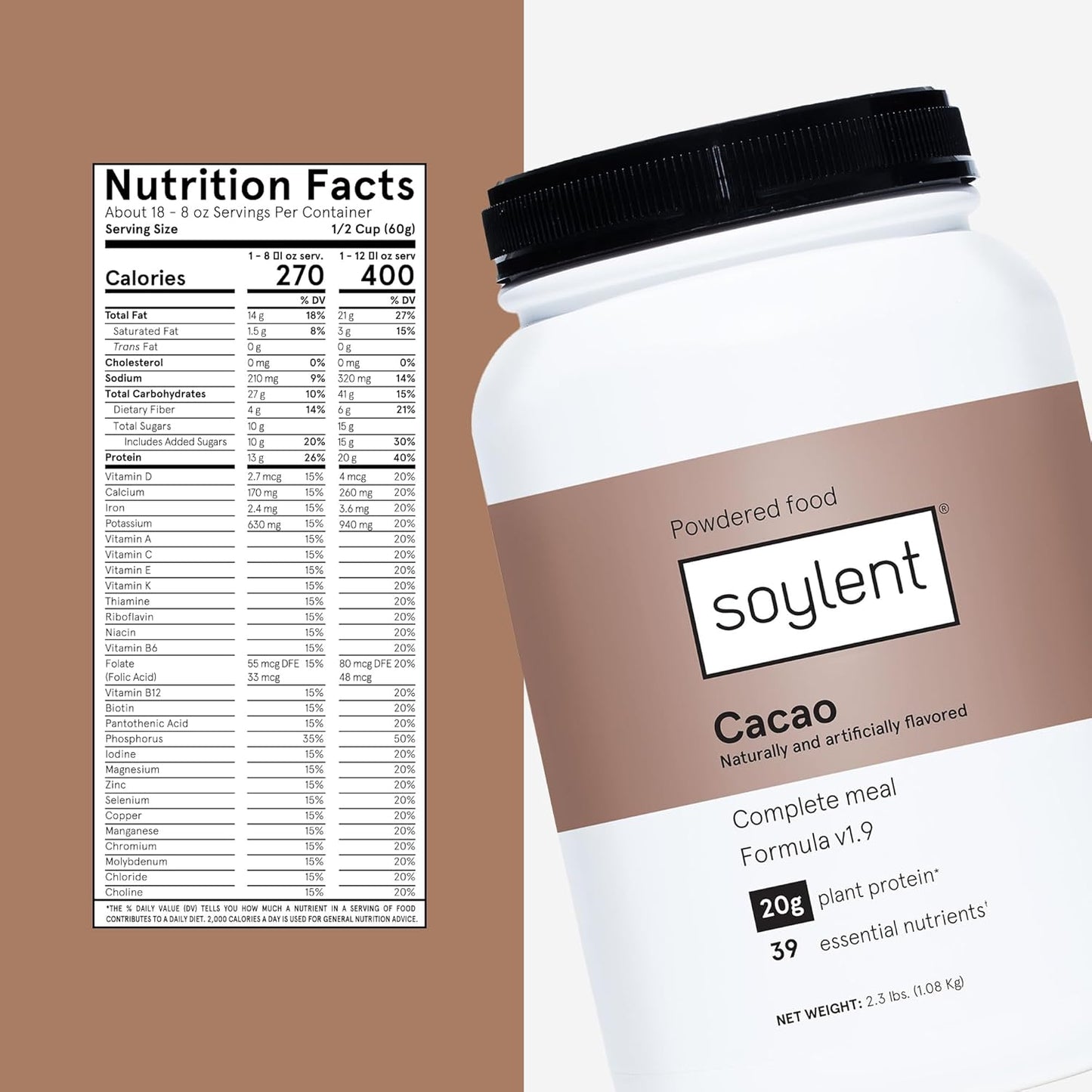 Vegan Cacao Protein Powder with 39 Essential Nutrients - Soylent Complete Nutrition Meal Replacement - 36.8oz