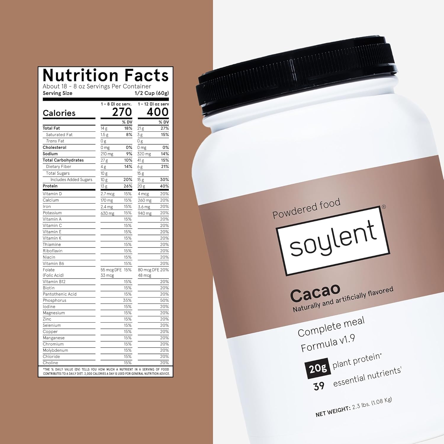 Vegan Cacao Protein Powder with 39 Essential Nutrients - Soylent Complete Nutrition Meal Replacement - 36.8oz