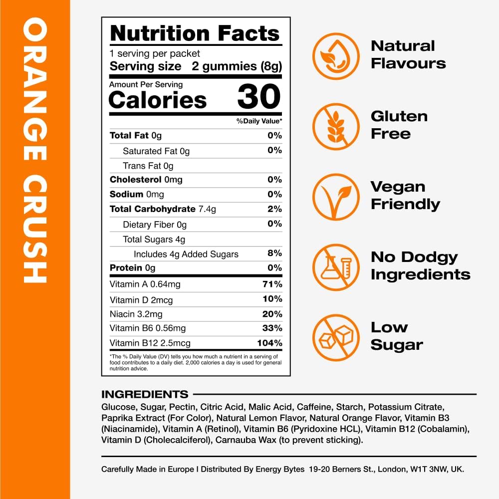 Vegan Caffeine Gummies for Running & Sports | Orange Crush Flavor | Low Sugar Energy Chews (12-Pack)