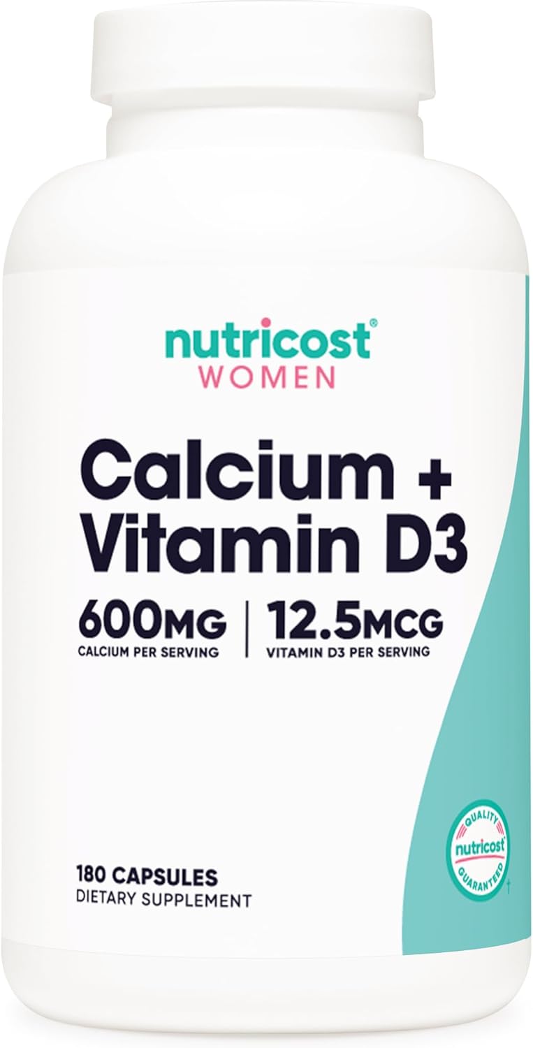 Vegan Calcium and Vitamin D3 Supplement for Women - 180 Capsules, 600mg Calcium, 12.5mcg Vitamin D3 - Non-GMO, Gluten Free