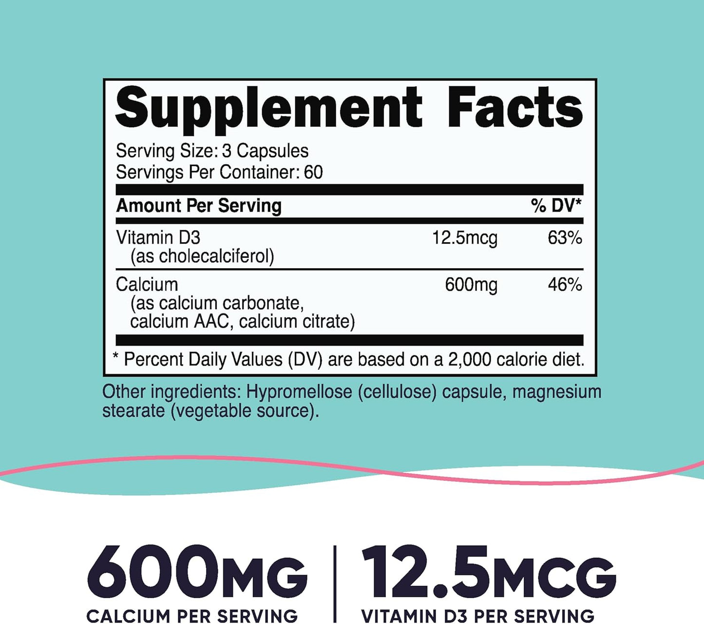 Vegan Calcium and Vitamin D3 Supplement for Women - 180 Capsules, 600mg Calcium, 12.5mcg Vitamin D3 - Non-GMO, Gluten Free