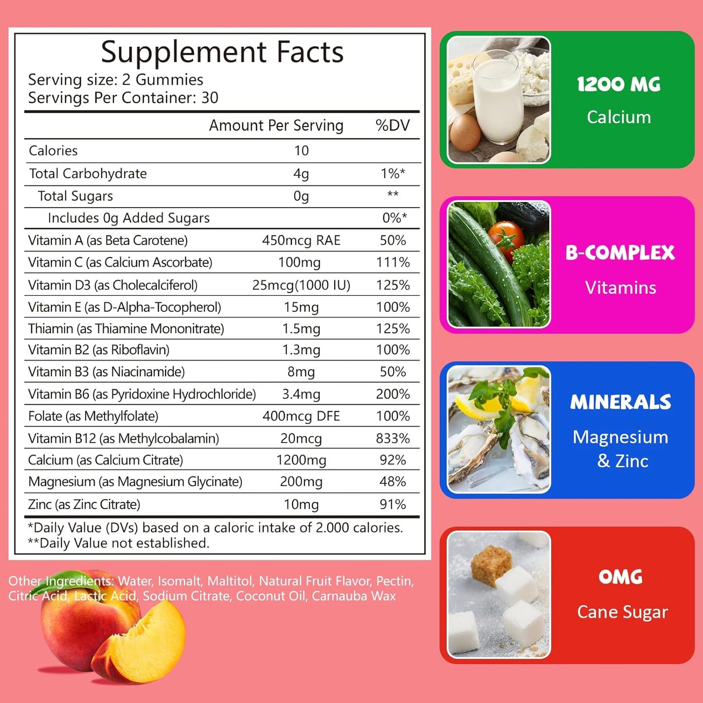 Vegan Calcium Gummies for Women - 1200 mg with Vitamin D3, Magnesium, and Zinc - Sugar & Gluten Free - 60 Count