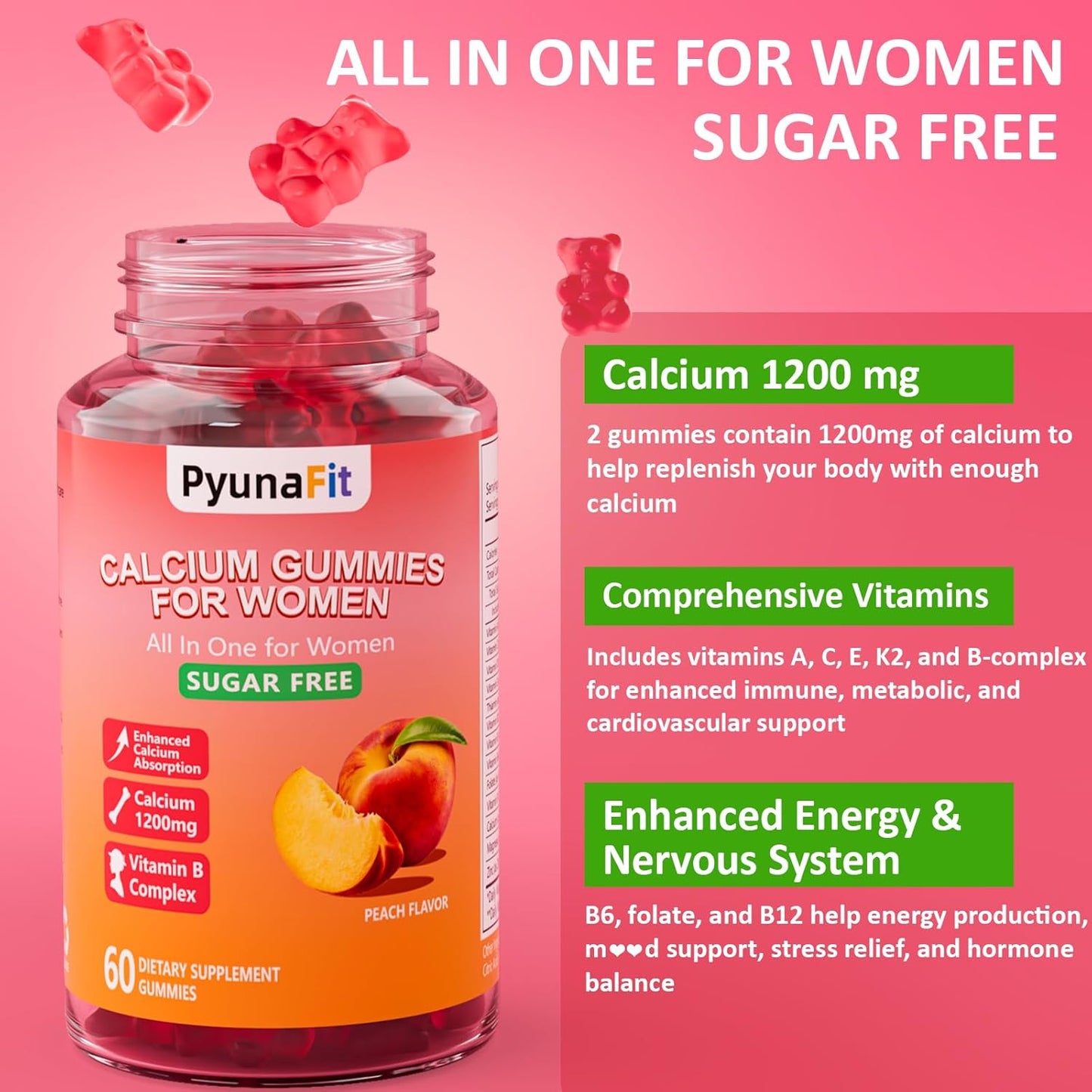 Vegan Calcium Gummies for Women - 1200 mg with Vitamin D3, Magnesium, and Zinc - Sugar & Gluten Free - 60 Count