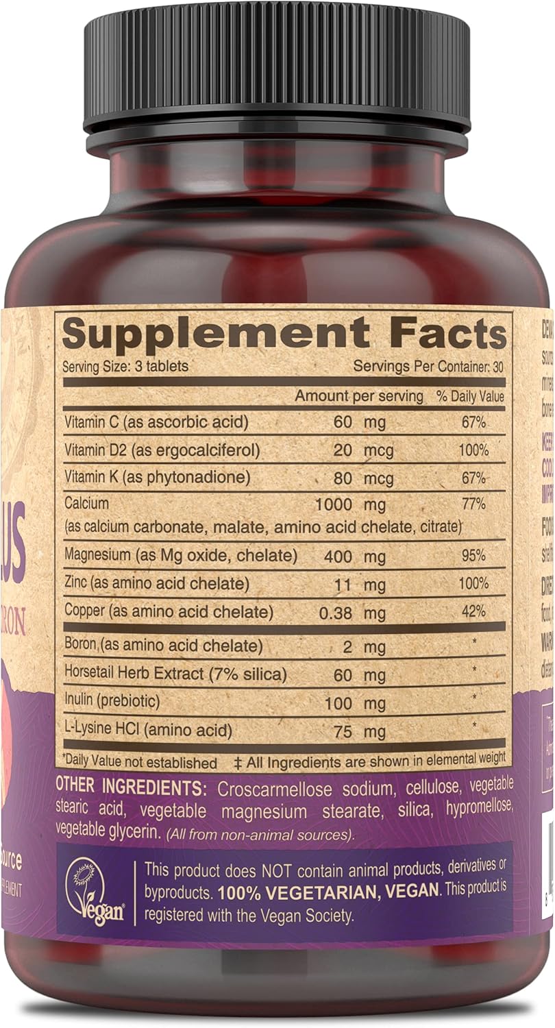 Vegan Calcium, Magnesium, Zinc, Boron Supplement with Vitamin C, D & K - 90 Tablets