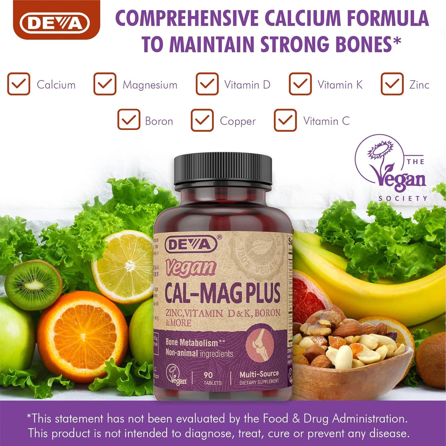 Vegan Calcium, Magnesium, Zinc, Boron Supplement with Vitamin C, D & K - 90 Tablets