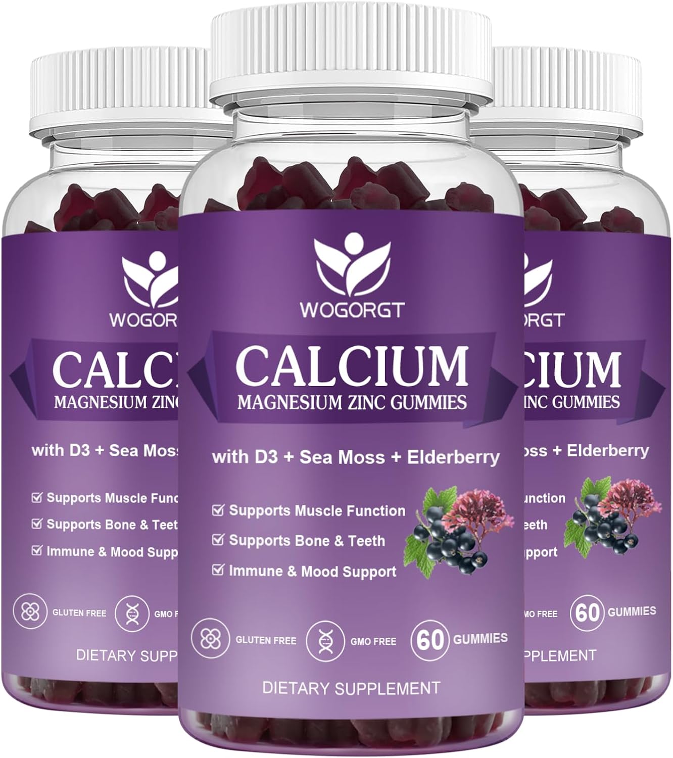 Vegan Calcium Magnesium Zinc Gummies with Vitamin D3 & Sea Moss for Bone, Muscle, Immune, Mood & Sleep Support - High Absorption Complex Supplement - 60 Gummies (3 Pack)