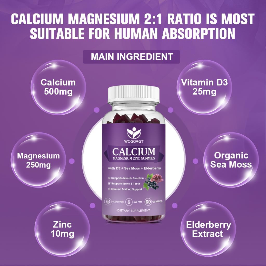 Vegan Calcium Magnesium Zinc Gummies with Vitamin D3 & Sea Moss for Bone, Muscle, Immune, Mood & Sleep Support - High Absorption Complex Supplement - 60 Gummies (3 Pack)