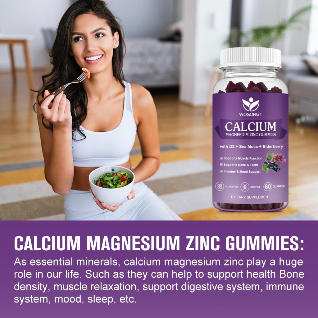 Vegan Calcium Magnesium Zinc Gummies with Vitamin D3 & Sea Moss for Bone, Muscle, Immune, Mood & Sleep Support - High Absorption Complex Supplement - 60 Gummies (3 Pack)