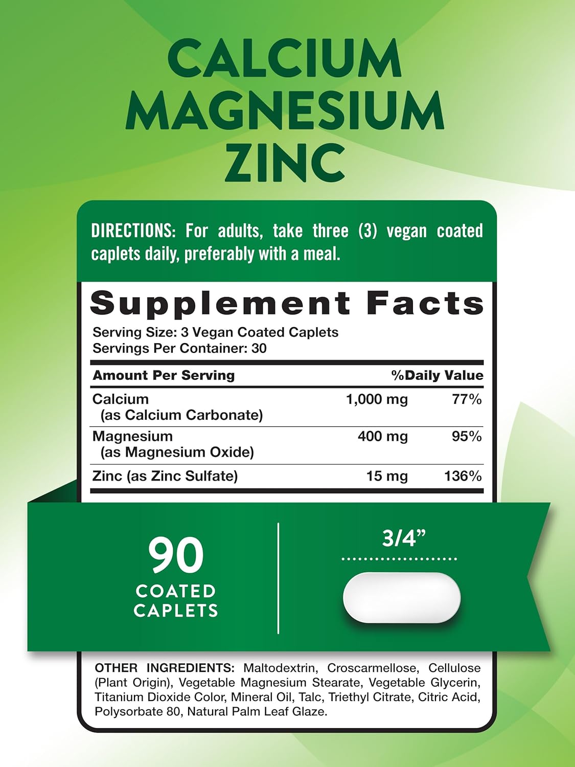 Vegan Calcium Magnesium Zinc Supplement 90 Coated Caplets - Non-GMO & Gluten Free