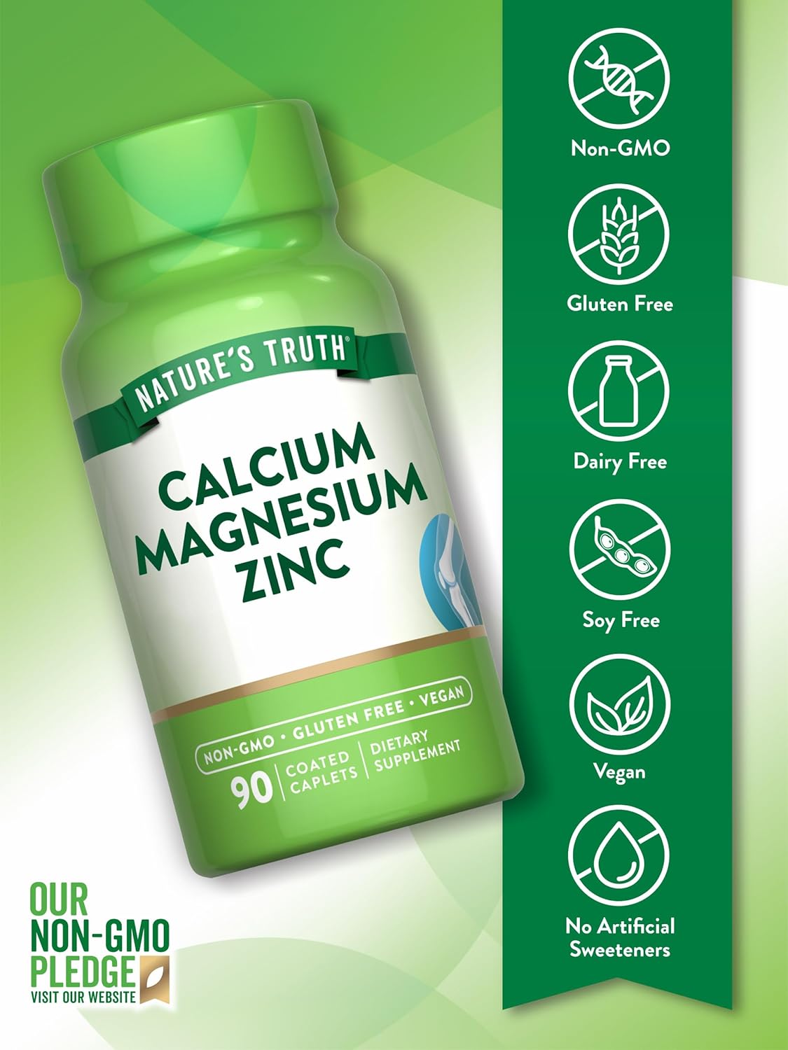 Vegan Calcium Magnesium Zinc Supplement 90 Coated Caplets - Non-GMO & Gluten Free