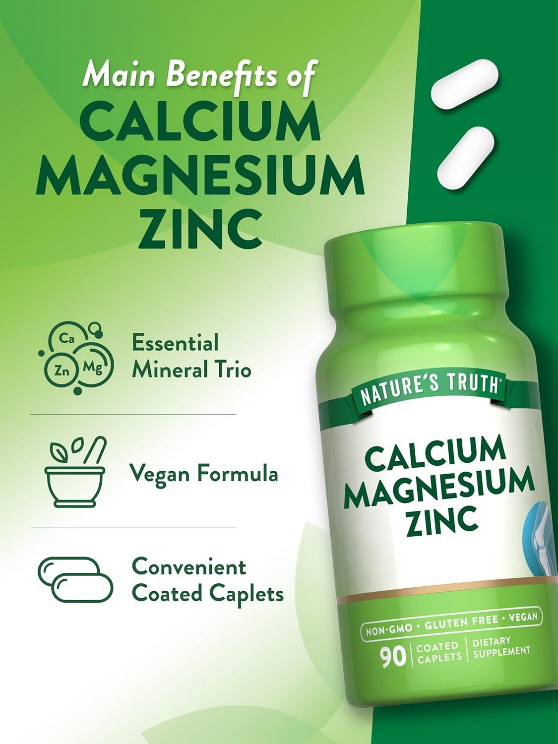 Vegan Calcium Magnesium Zinc Supplement 90 Coated Caplets - Non-GMO & Gluten Free