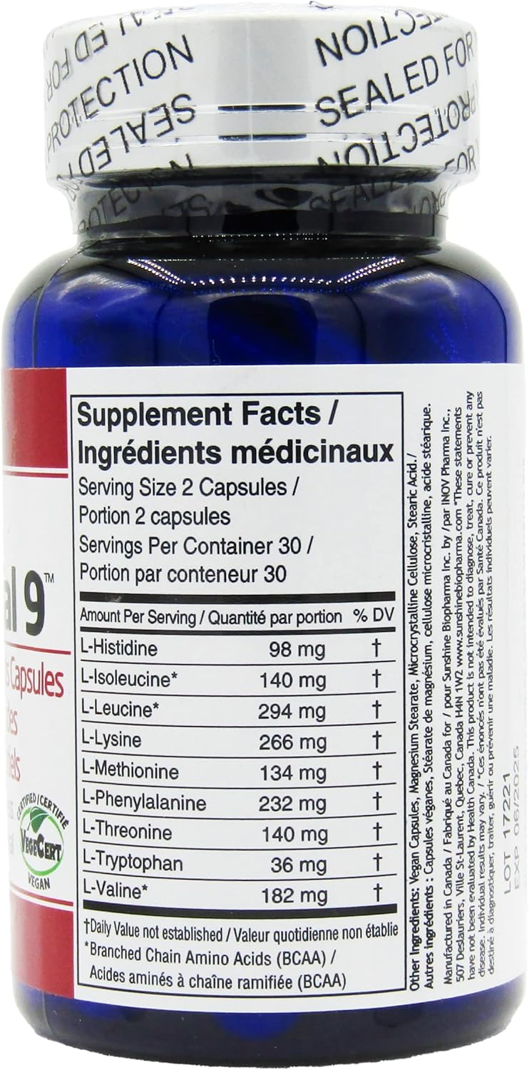 Vegan Certified Essential 9 Amino Acid Capsules for Immunity, Muscle Protection, Wellness, and Energy by Sunshine Biopharma