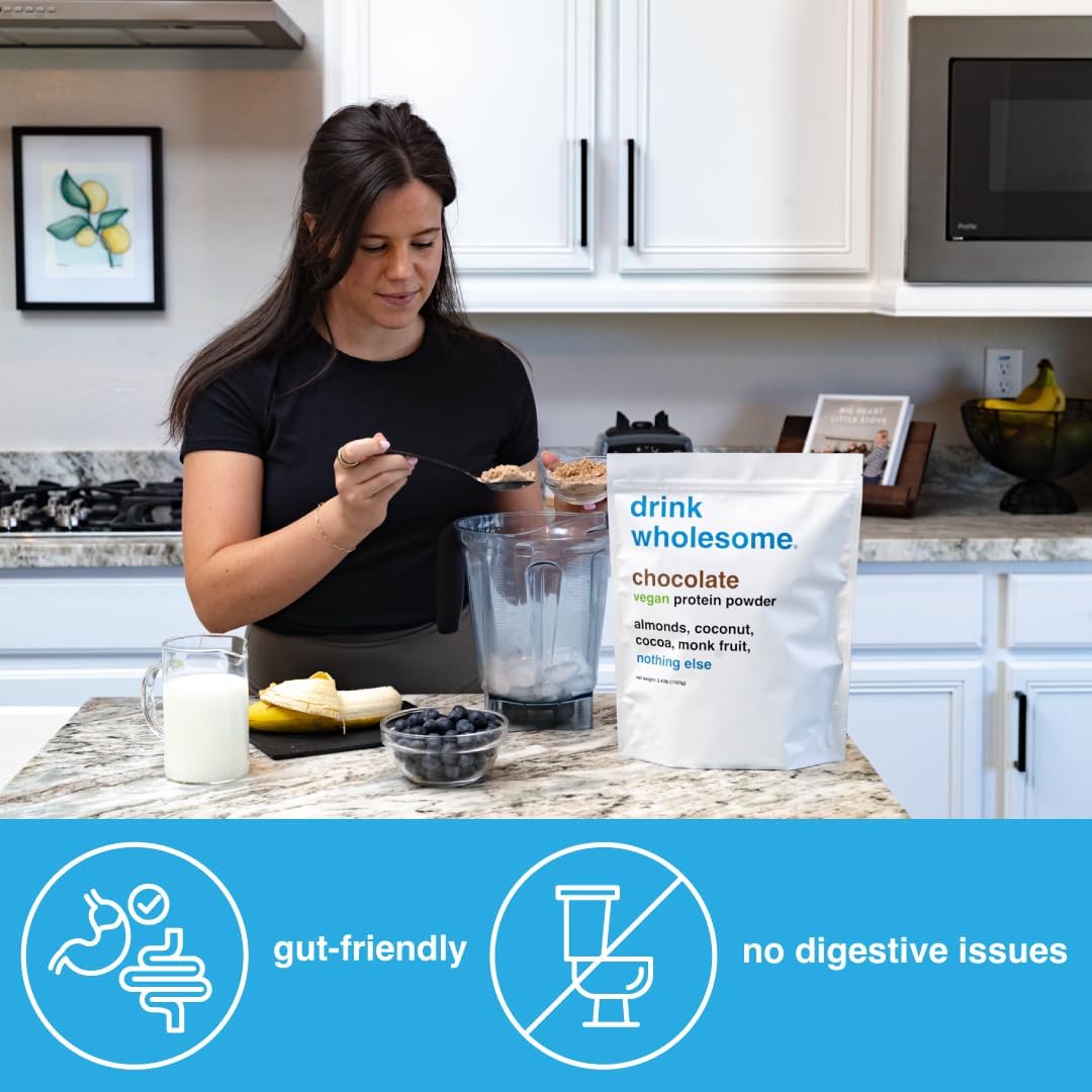 Vegan Chocolate Almond Protein Powder - Gentle on Stomachs, No Artificial Sweeteners, Low Sodium, Paleo, Kid & Senior Safe