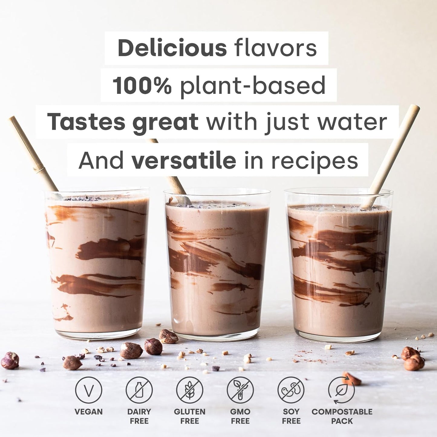 Vegan Chocolate Hazelnut Protein Powder - 30g Plant Based Protein with BCAAs & Digestive Enzymes - Ideal Post Workout Drink