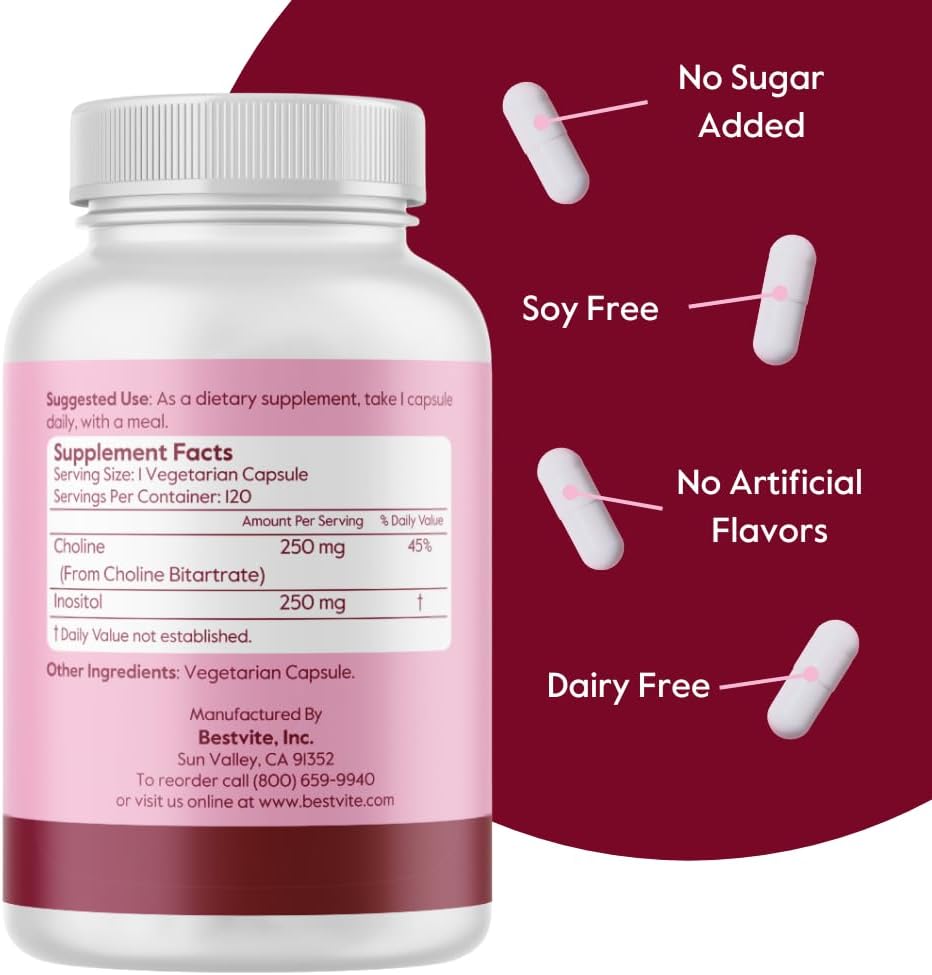 Vegan Choline Inositol 500mg Capsules - Non GMO & Gluten Free - 120 Vegetarian Capsules with No Fillers