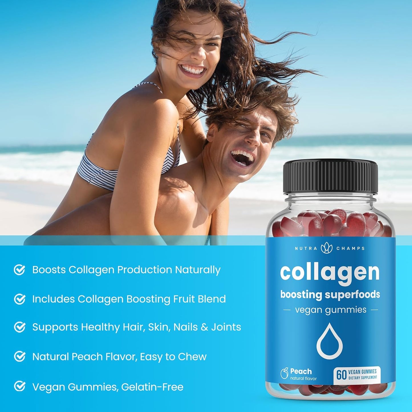 Vegan Collagen Booster Gummies for Natural Production - Peach Flavored Supplement for Women & Men - 60 Vitamins