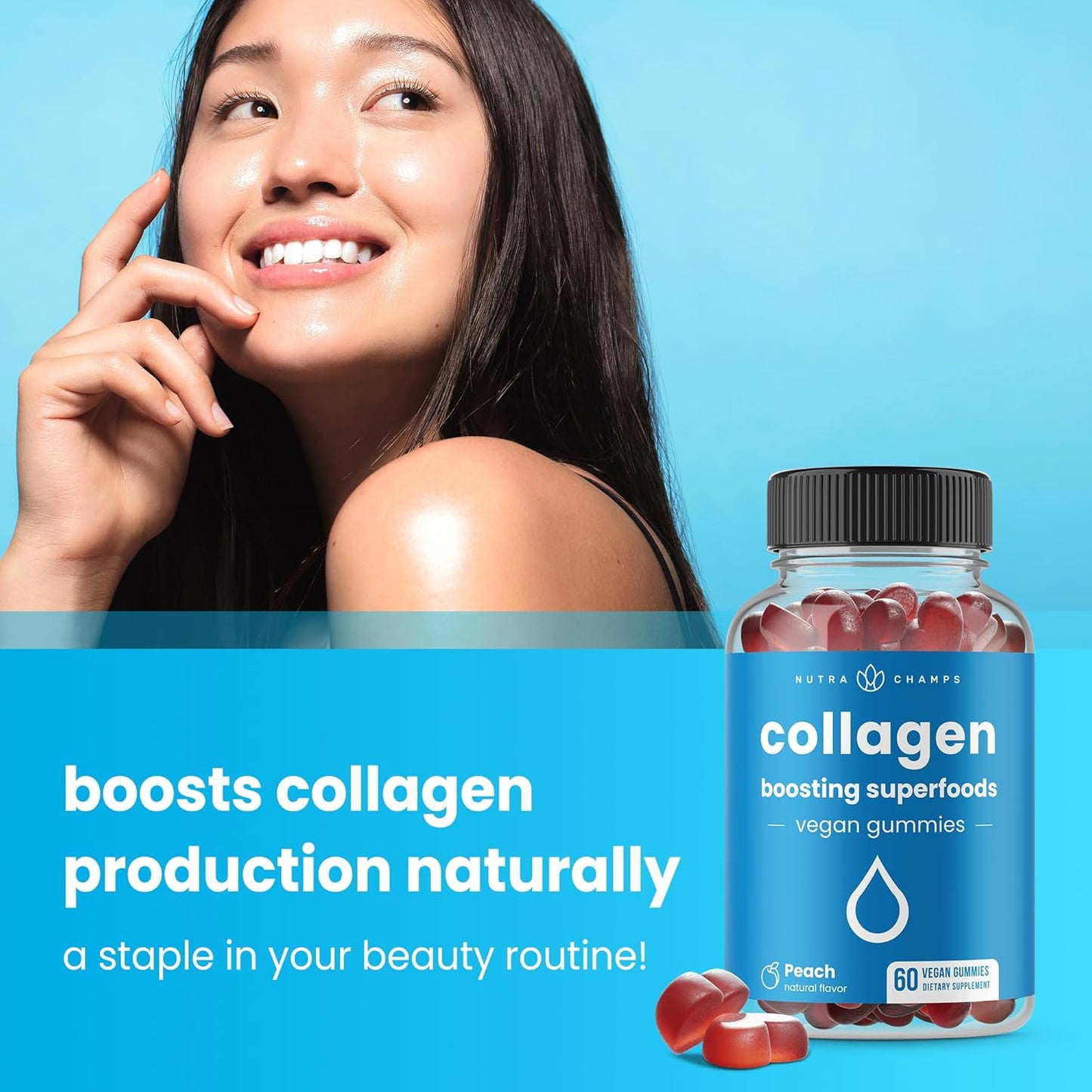 Vegan Collagen Booster Gummies for Natural Production - Peach Flavored Supplement for Women & Men - 60 Vitamins