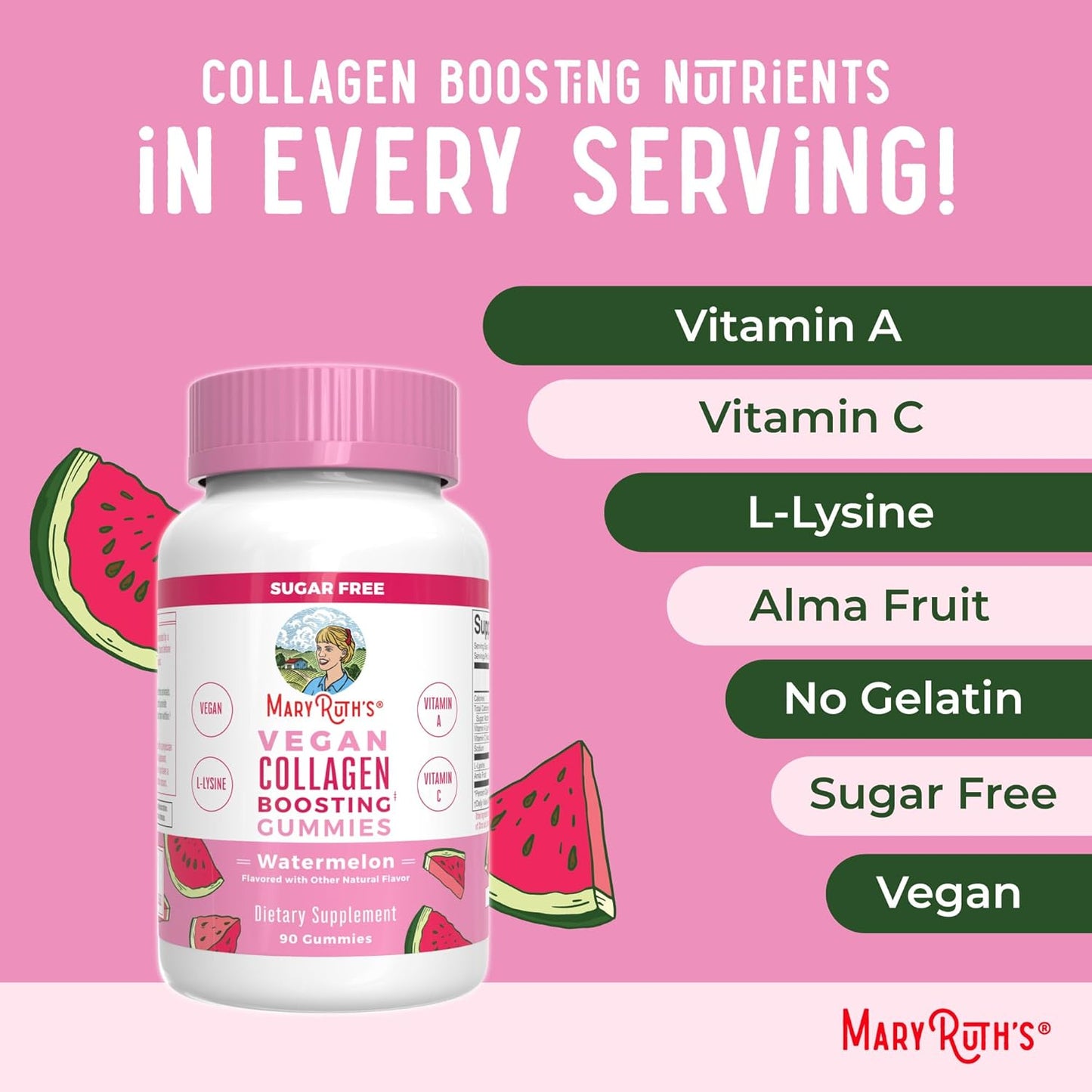 Vegan Collagen Boosting Gummies for Hair & Skin - MaryRuth Organics Supplement with Lysine, Vitamin C, Amla, Non-GMO - 90 Servings