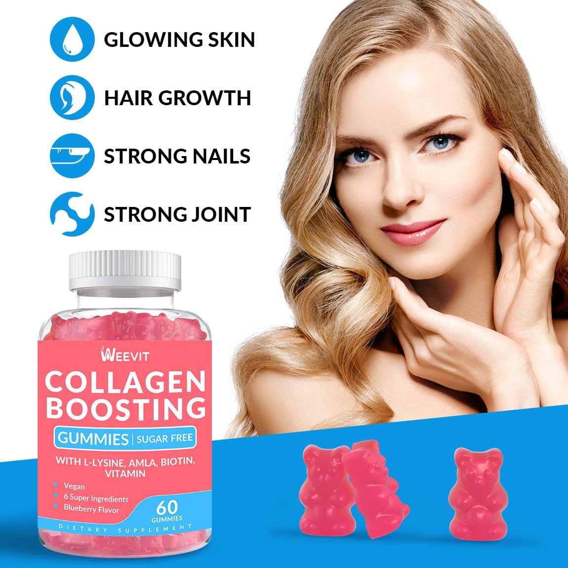 Vegan Collagen Boosting Gummies with L-Lysine, Amla, Biotin, Vitamin C, A, E - Hair, Skin, Nails & Joint Supplement