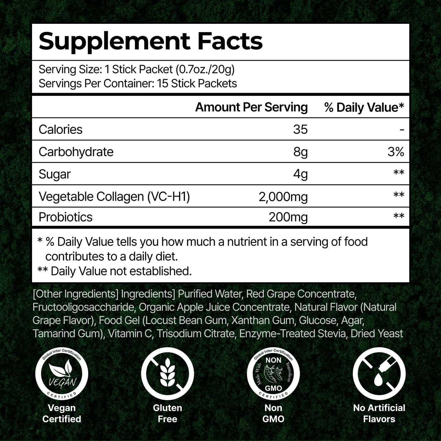 Vegan Collagen Jelly Stick with Probiotics - 15 Servings, Grape Flavor - Vegetarian Peptide + 20 Billion Lactobacillus for Skin & Gut Health - Pre, Pro, Postbiotics for Women and Men