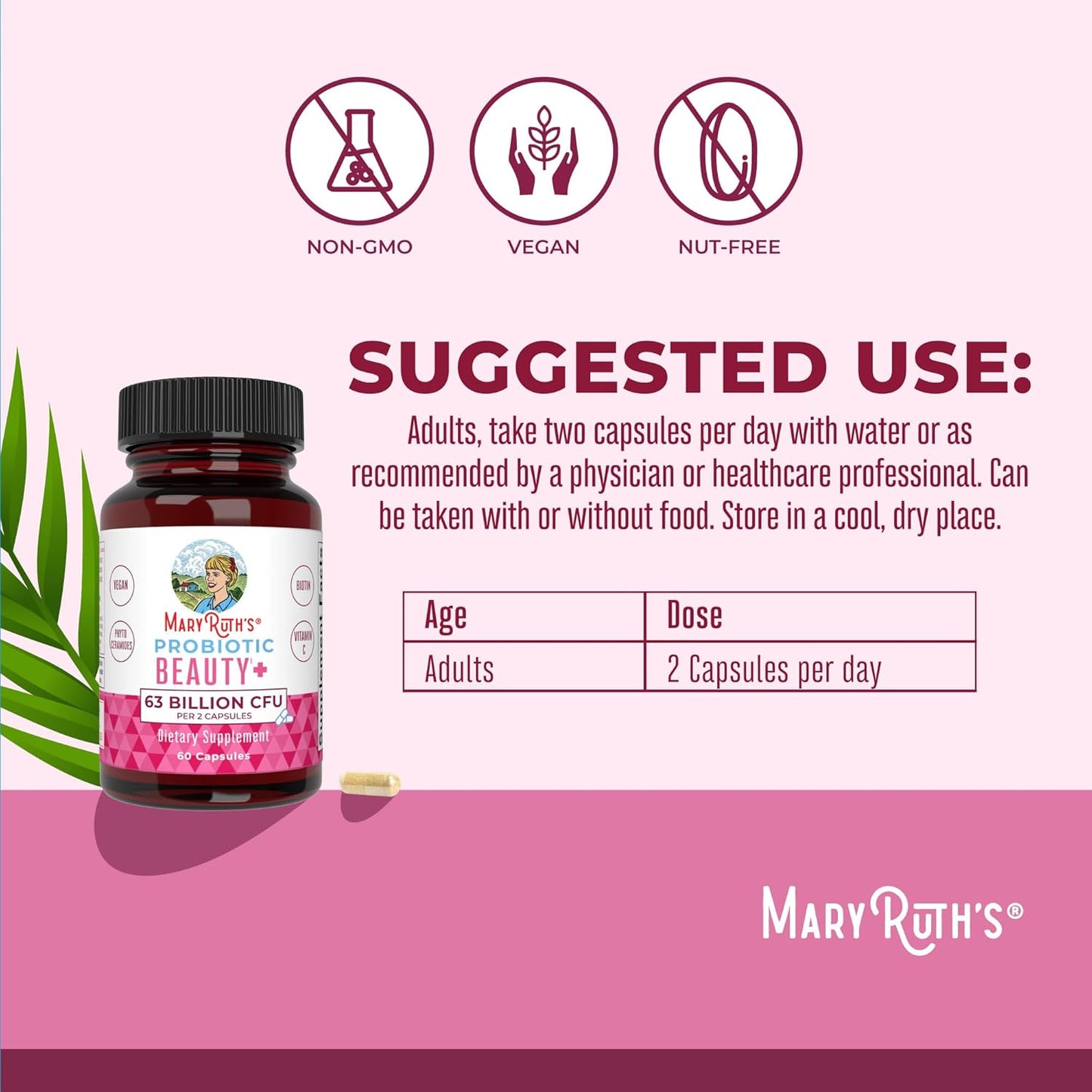 Vegan Collagen & Probiotic Capsules for Hair, Skin, Nails | MaryRuth Organics | 1 Month Supply | Biotin | Non-GMO | 60 Count