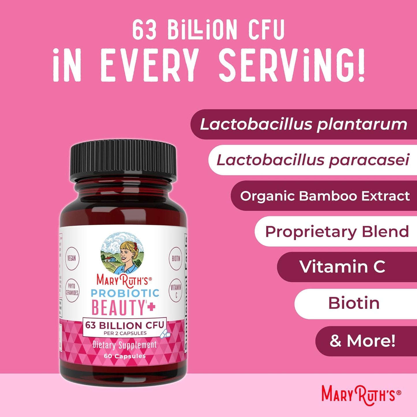 Vegan Collagen & Probiotic Capsules for Hair, Skin, Nails | MaryRuth Organics | 1 Month Supply | Biotin | Non-GMO | 60 Count