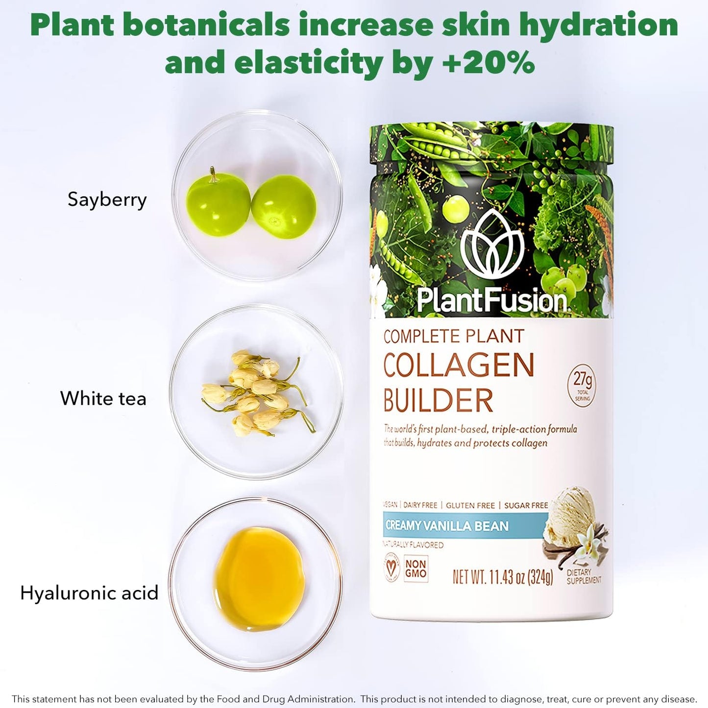 Vegan Collagen Protein Powder for Muscle, Joints, Hair, Skin & Nails - PlantFusion Plant-Based, Keto & Gluten Free, Non-GMO - Unflavored 10.58 oz