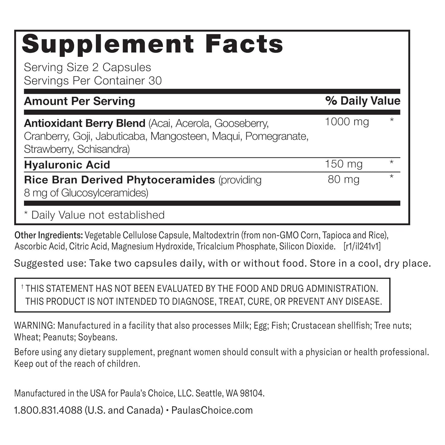 Vegan Collagen Support Dietary Supplement with Hyaluronic Acid and Ceramide for Healthy Skin - 60 Capsules