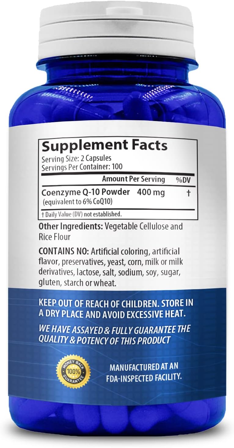 Vegan CoQ10 400mg Capsules for Skin, Heart, and Energy Support | Easy Absorption Ubiquinone Supplement | Made in USA (200 Servings)