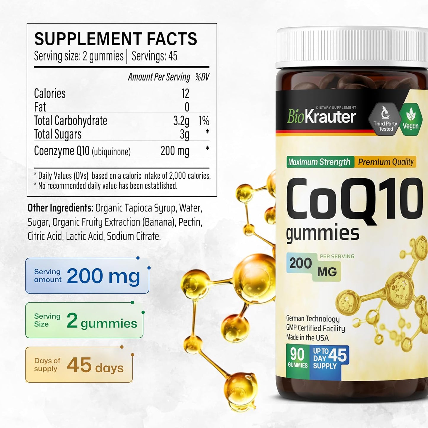 Vegan CoQ10 Gummies - 200mg Coenzyme Q10 Supplement - Antioxidant Pectin-Based Chewables - 90 Count