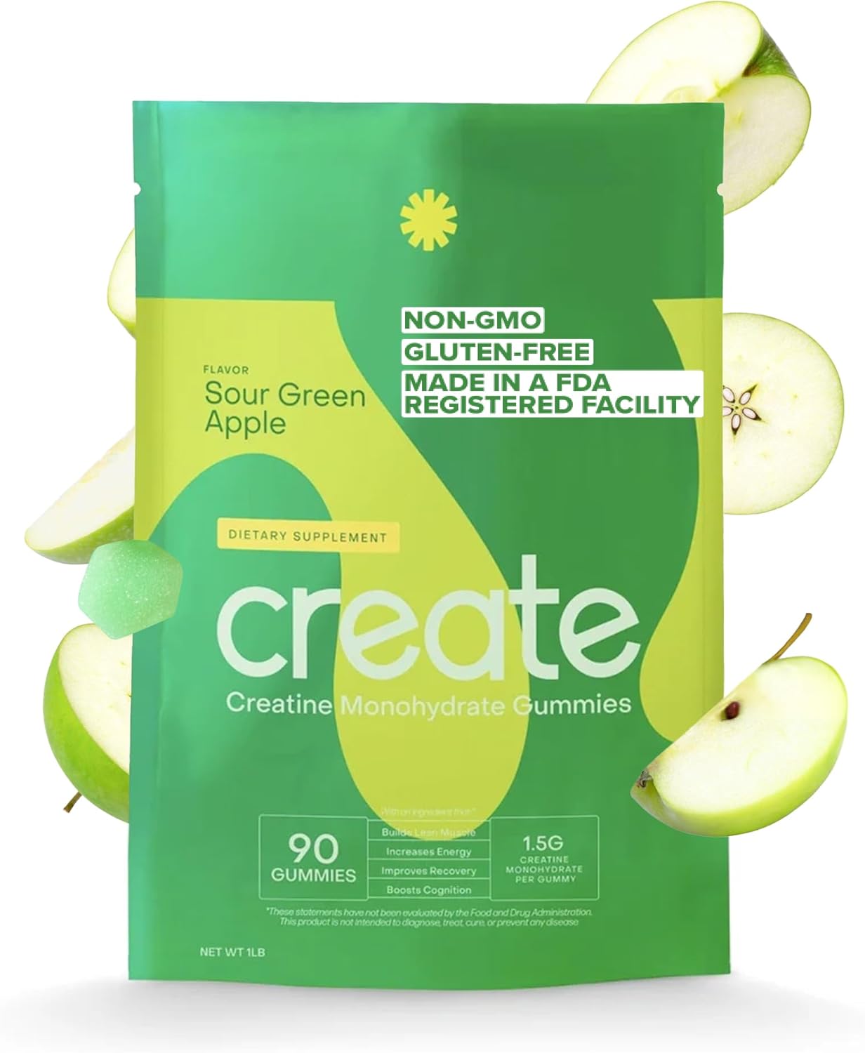 Vegan Creatine Gummies for Men & Women - Boost Focus, Strength, Endurance - Anti-Melting Formula - Gluten-Free, Non-GMO - 1.5g Creatine - Sour Green Apple - 90 Count