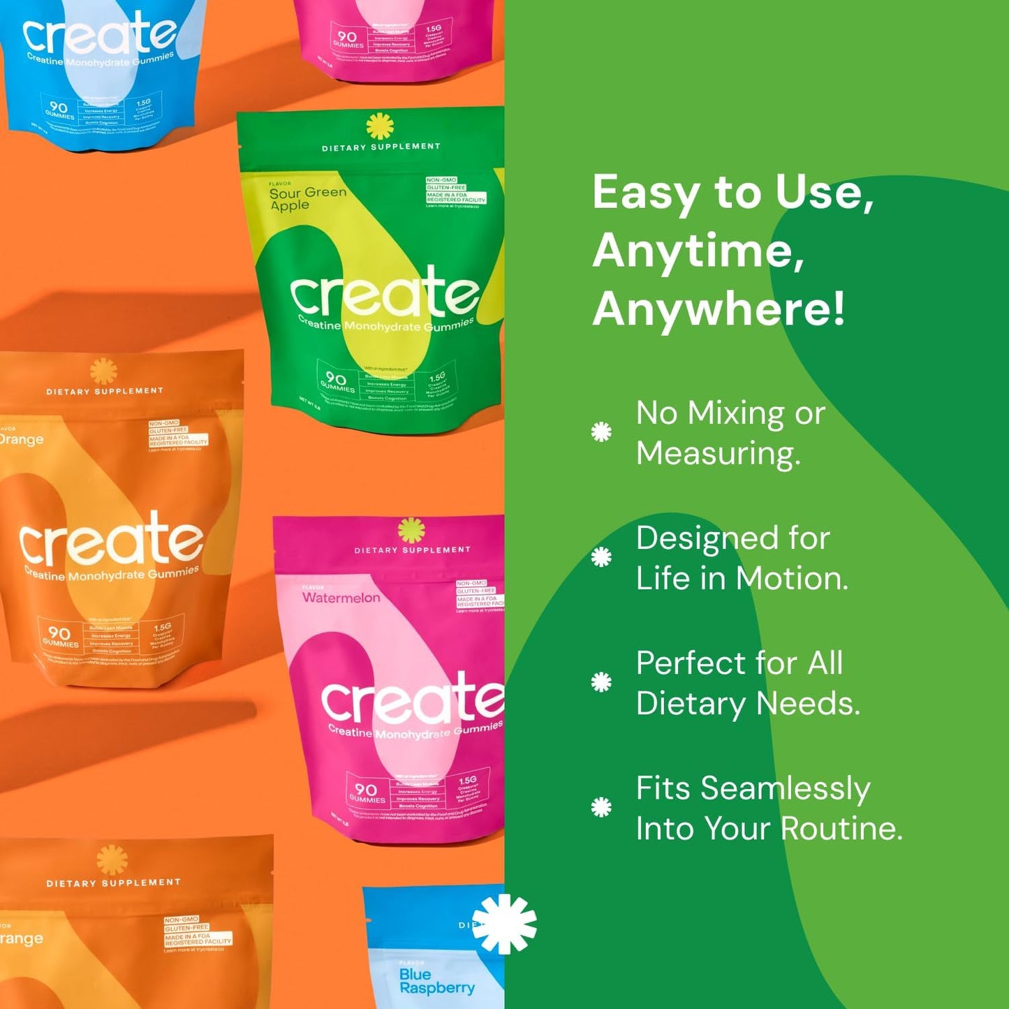 Vegan Creatine Gummies for Men & Women - Boost Focus, Strength, Endurance - Anti-Melting Formula - Gluten-Free, Non-GMO - 1.5g Creatine - Sour Green Apple - 90 Count