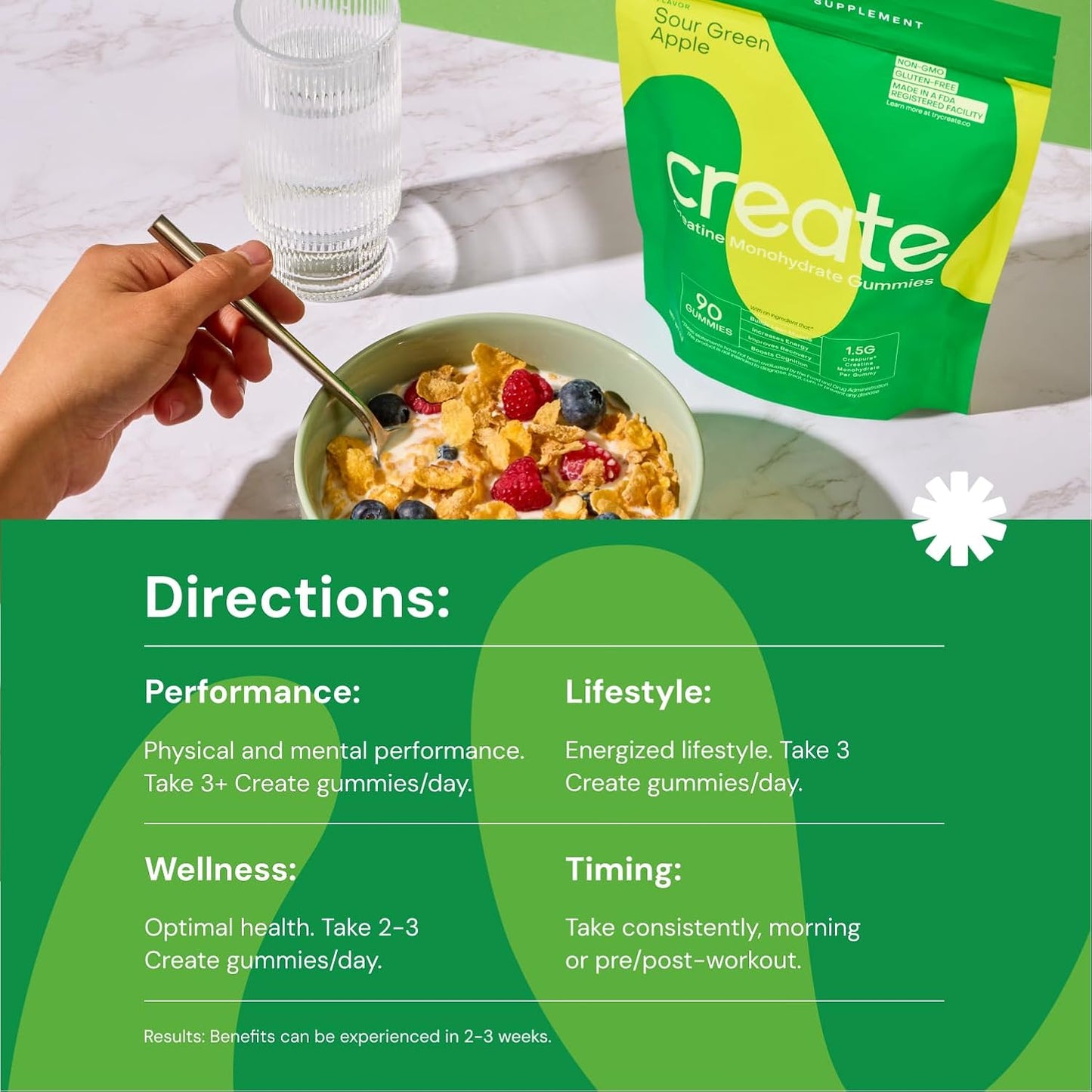 Vegan Creatine Gummies for Men & Women - Boost Focus, Strength, Endurance - Anti-Melting Formula - Gluten-Free, Non-GMO - 1.5g Creatine - Sour Green Apple - 90 Count