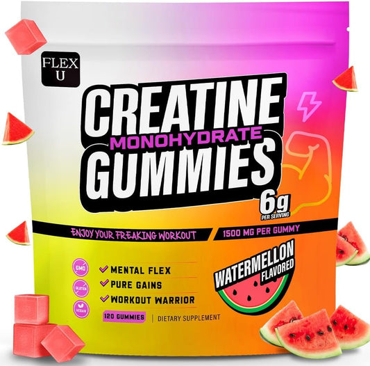 Vegan Creatine Gummies for Pre Workout Energy and Muscle Recovery - 120 Ct Flex University Creatine Monohydrate Chews for Men and Women