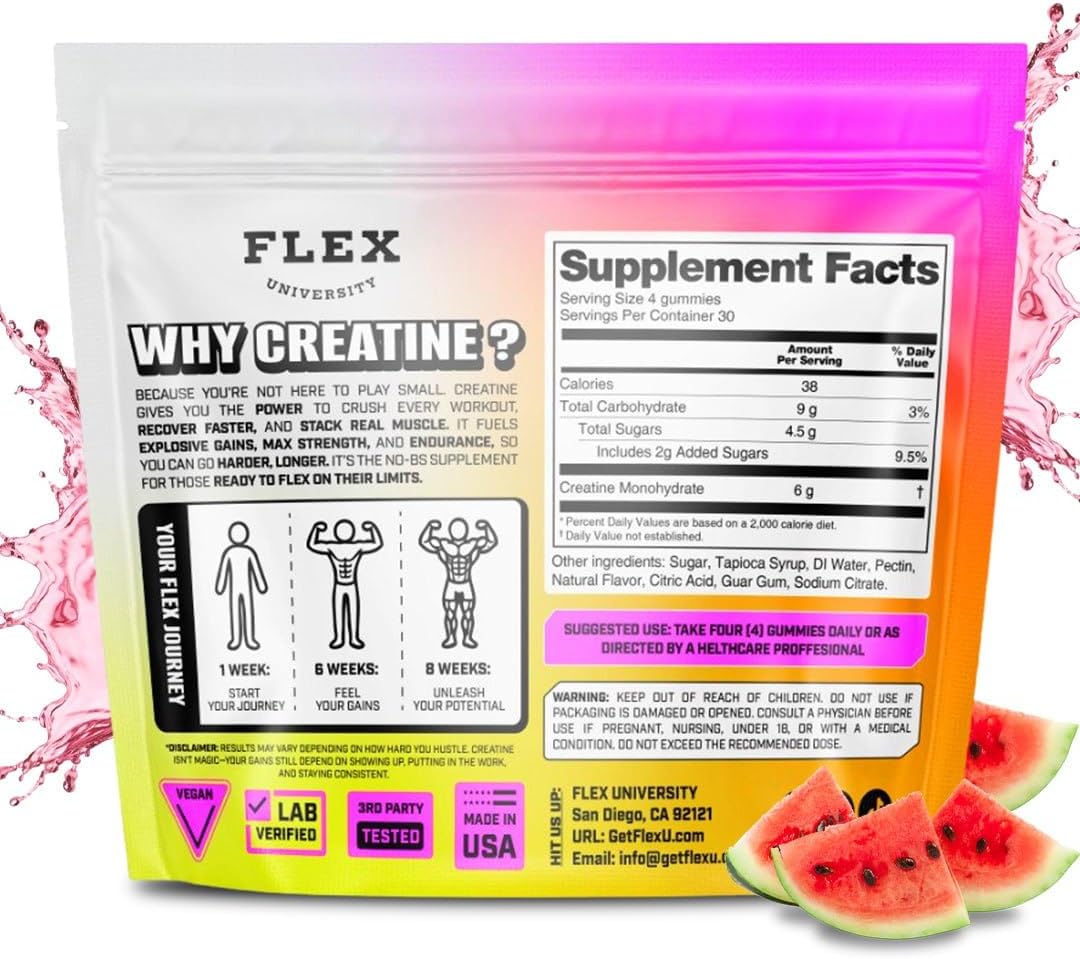 Vegan Creatine Gummies for Pre Workout Energy and Muscle Recovery - 120 Ct Flex University Creatine Monohydrate Chews for Men and Women