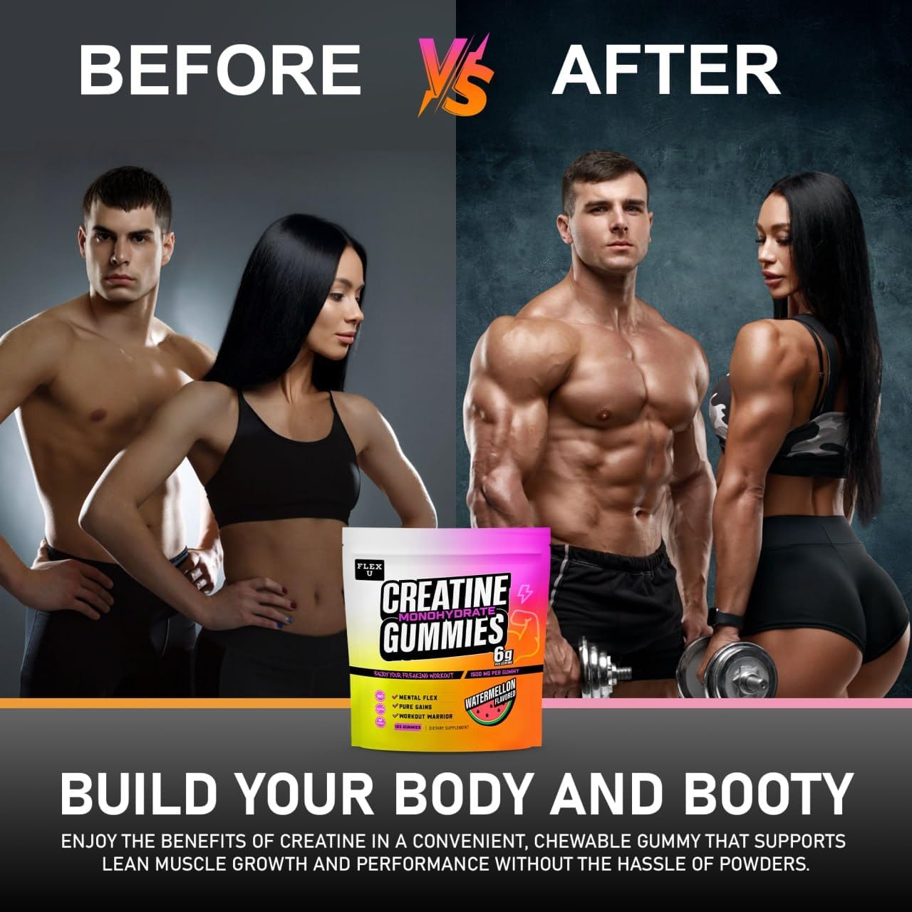 Vegan Creatine Gummies for Pre Workout Energy and Muscle Recovery - 120 Ct Flex University Creatine Monohydrate Chews for Men and Women