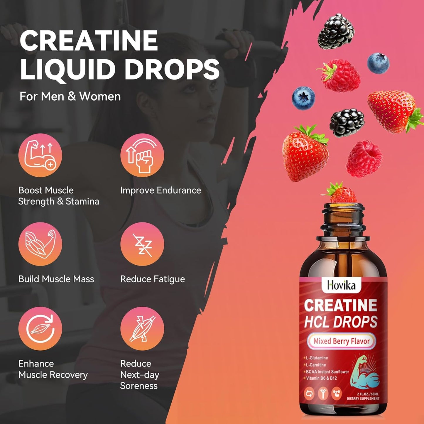 Vegan Creatine HCL Liquid Drops with L-Carnitine, BCAA, & Vitamins for Muscle Growth-Recovery, Mixed Berry Flavor, 4 oz