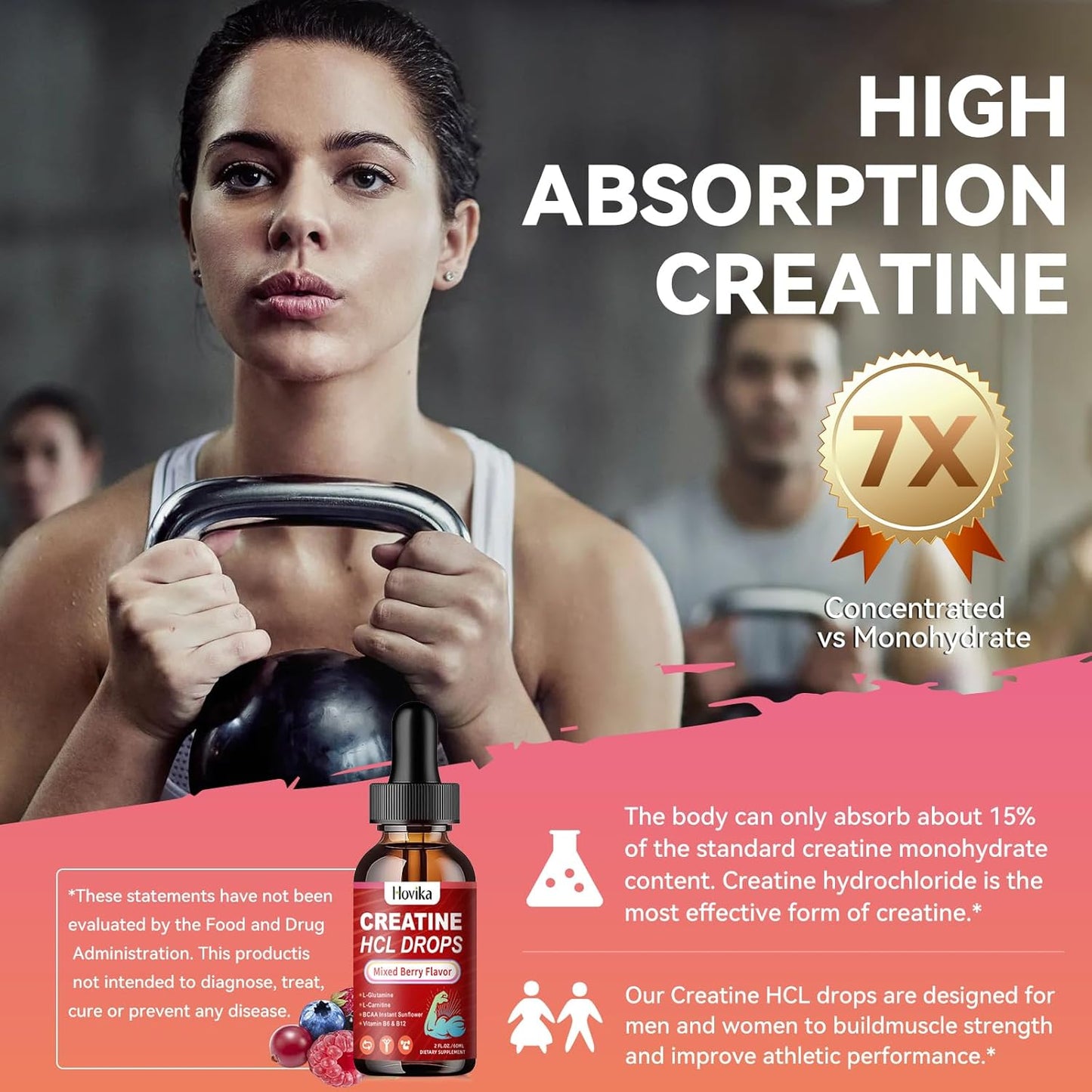 Vegan Creatine HCL Liquid Drops with L-Carnitine, BCAA, & Vitamins for Muscle Growth-Recovery, Mixed Berry Flavor, 4 oz