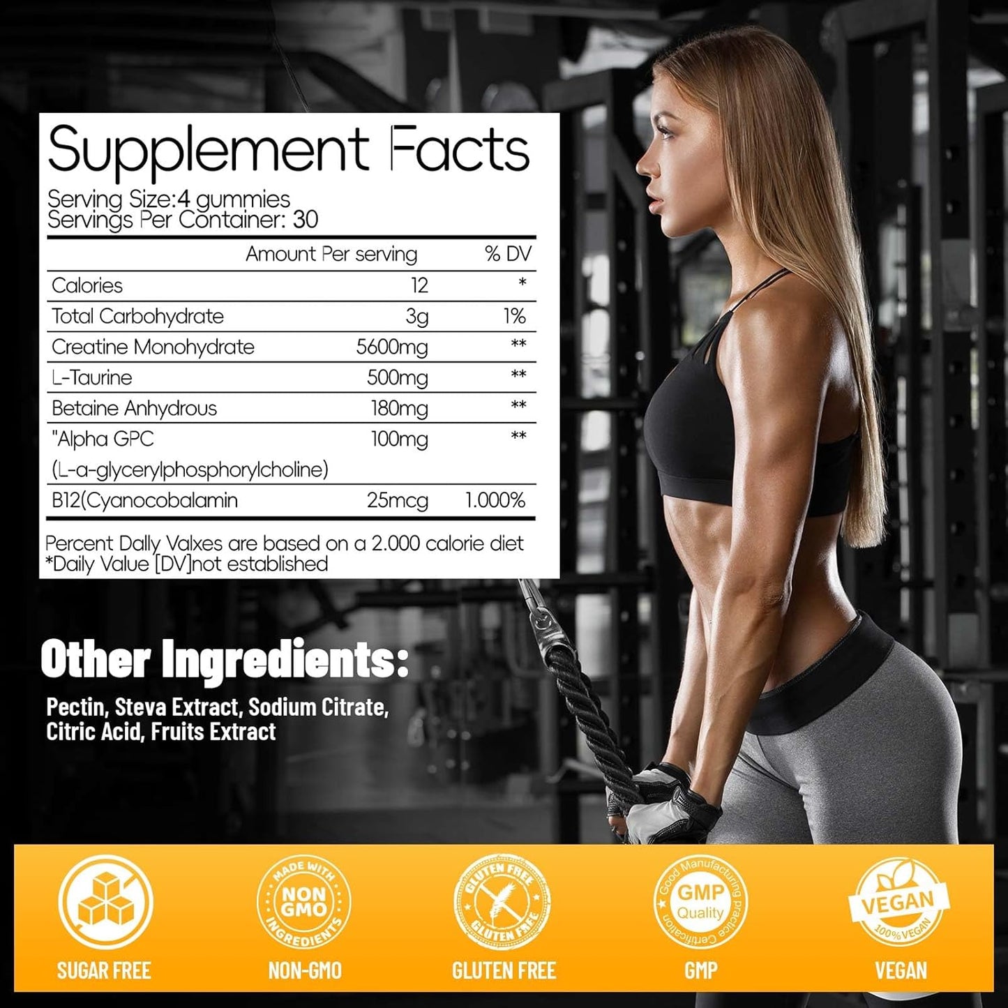 Vegan Creatine Monohydrate Gummies 120 CT - 5600mg per Serving, Mango Flavor Chewable Supplement for Muscle Support & Energy Boost, Sugar-Free for Men & Women