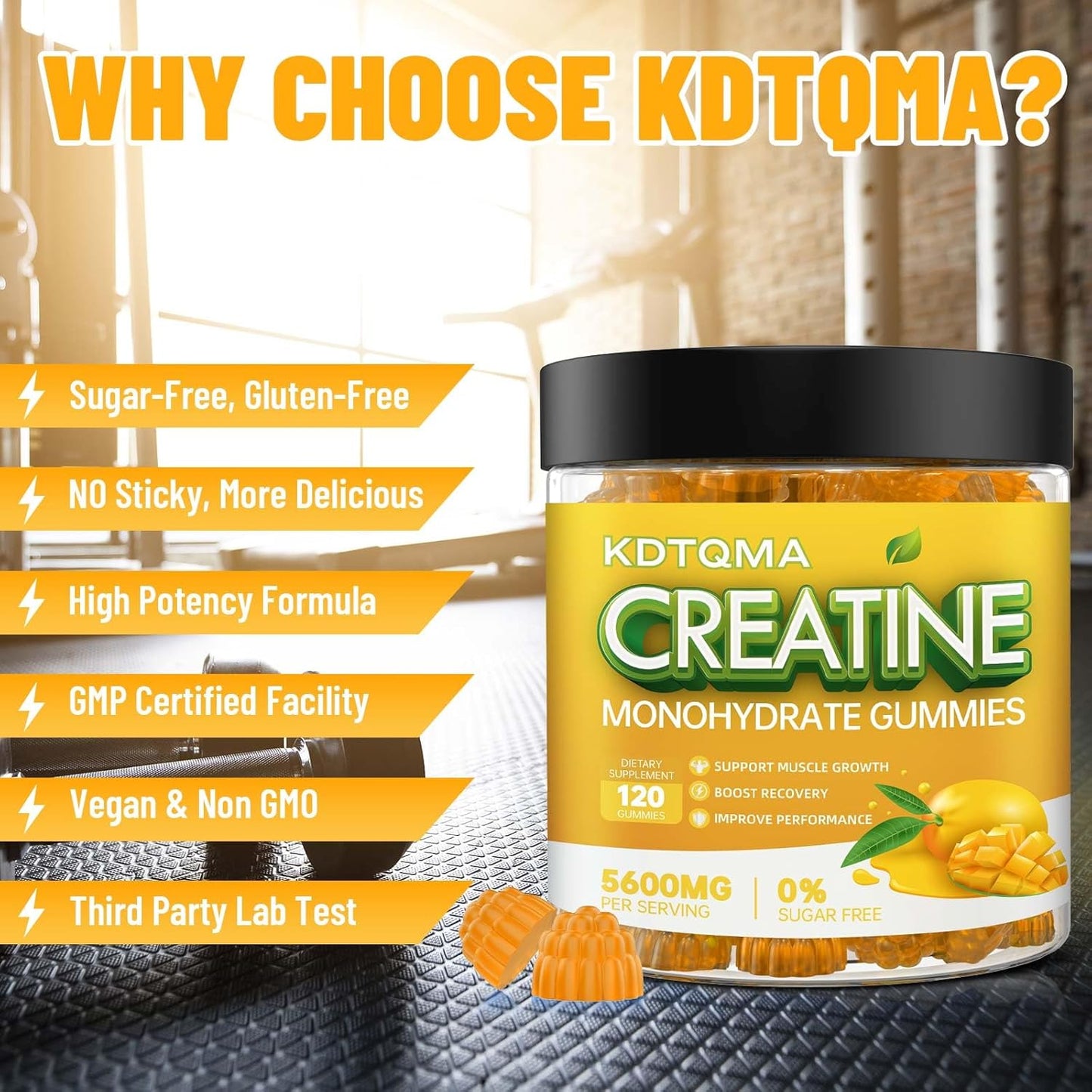 Vegan Creatine Monohydrate Gummies 120 CT - 5600mg per Serving, Mango Flavor Chewable Supplement for Muscle Support & Energy Boost, Sugar-Free for Men & Women
