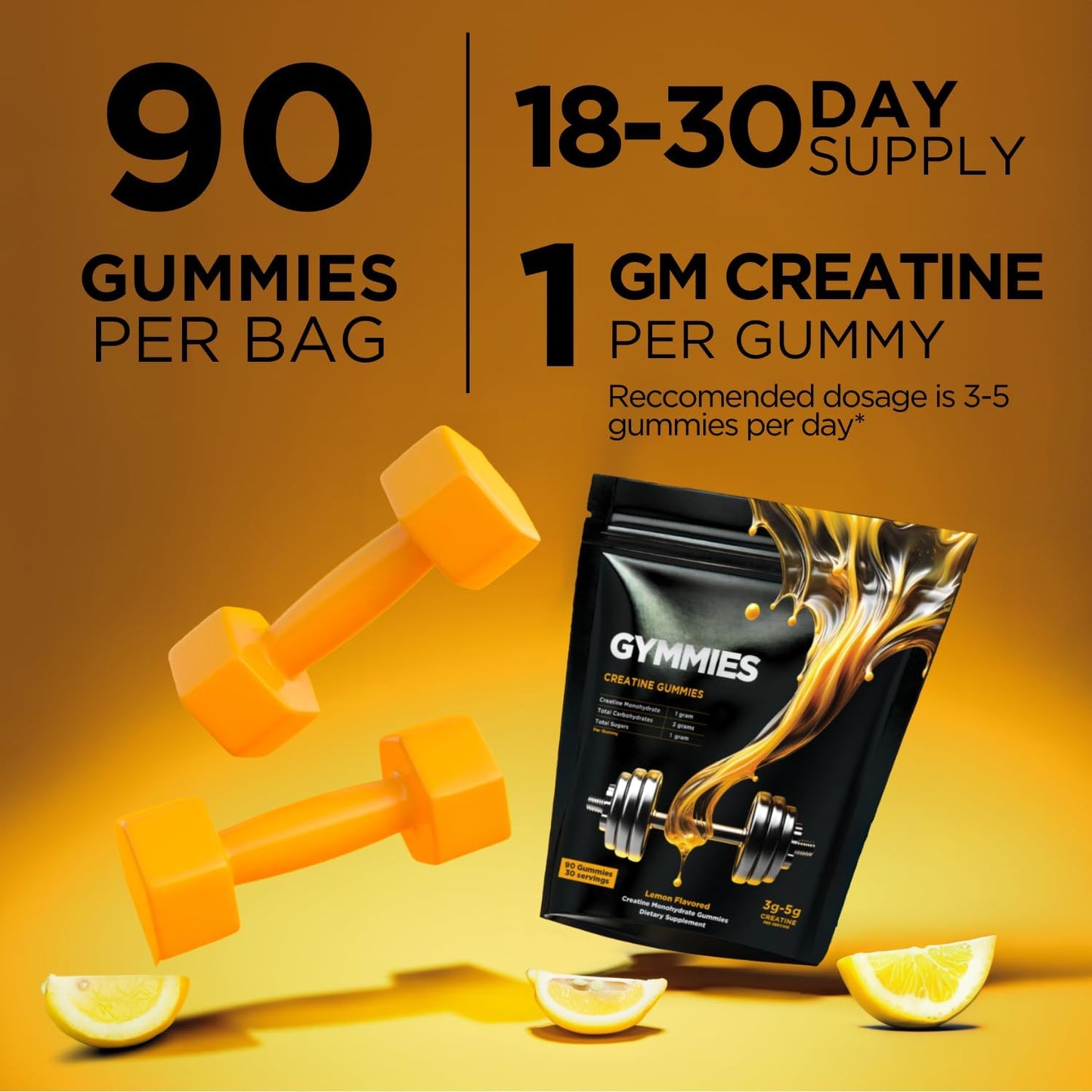 Vegan Creatine Monohydrate Gummies for Muscle Growth & Performance - 5g Creatine - Non-GMO, Gluten-Free - Made in USA - 90ct Lemon Flavor
