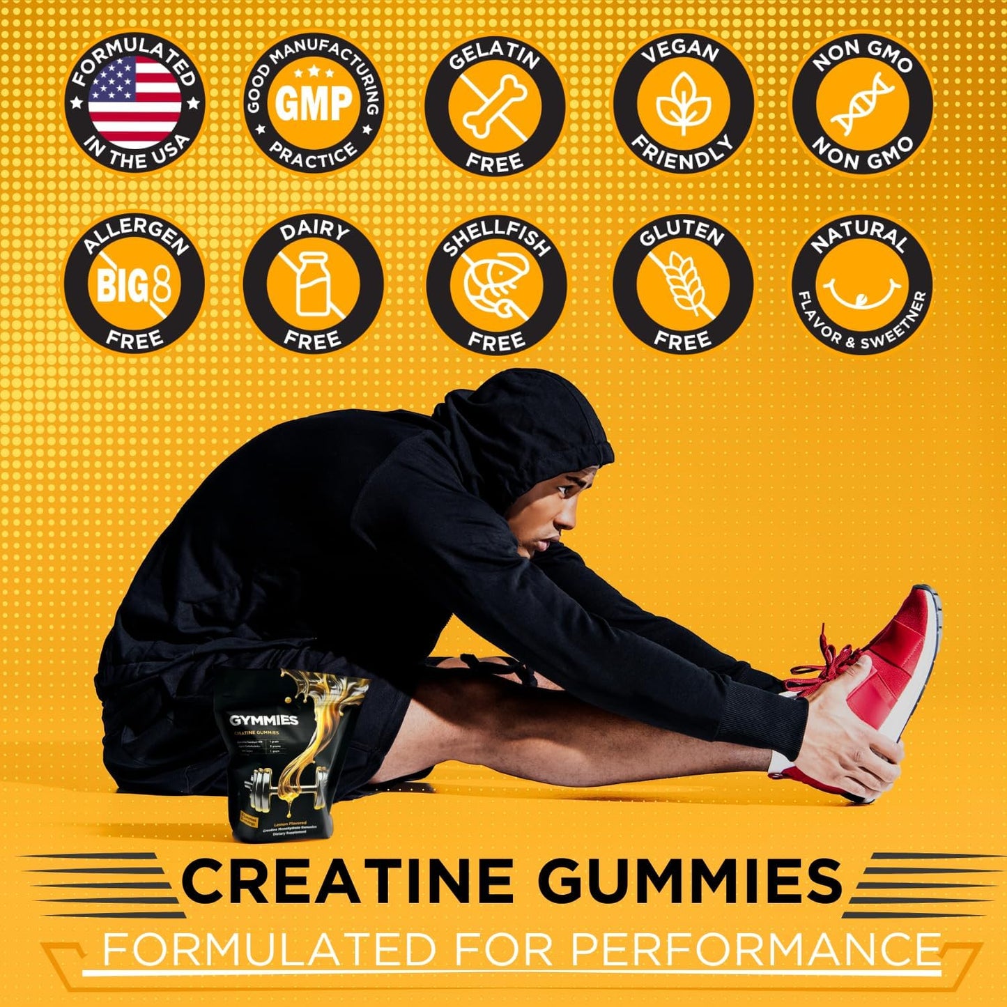 Vegan Creatine Monohydrate Gummies for Muscle Growth & Performance - 5g Creatine - Non-GMO, Gluten-Free - Made in USA - 90ct Lemon Flavor