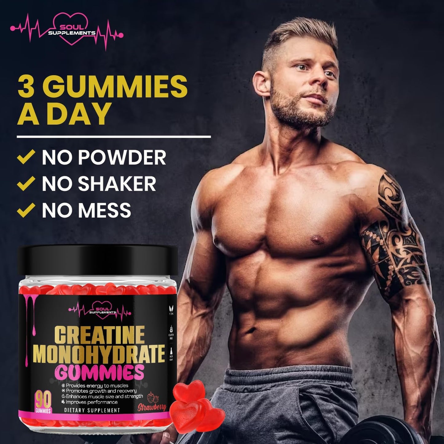 Vegan Creatine Monohydrate Gummies for Muscle Recovery, Strength, and Energy - Gluten-Free & Non-GMO Supplement for Men and Women (90 Count)