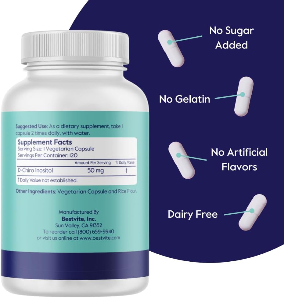 Vegan D-Chiro Inositol Supplement (120 Capsules) - Non GMO, Gluten Free - High Inositol Ratio - Stearate Free