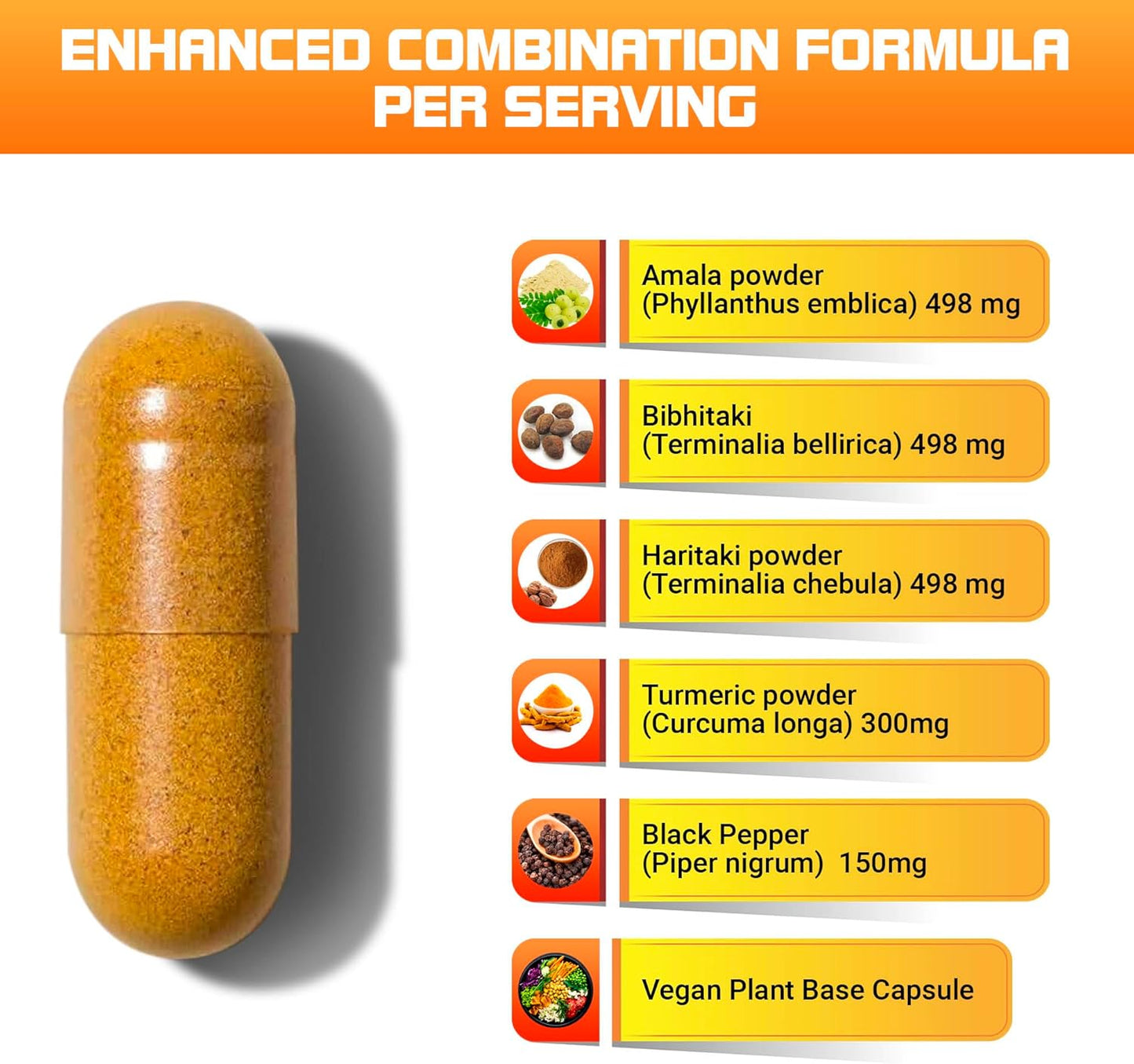 Vegan Digestive Supplement with Triphala, Turmeric, Curcumin & Black Pepper - 1950MG, 100 Capsules
