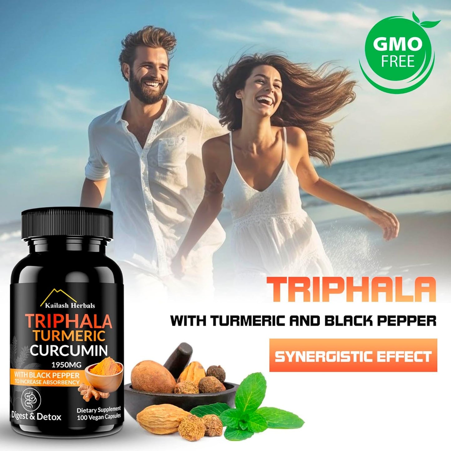 Vegan Digestive Supplement with Triphala, Turmeric, Curcumin & Black Pepper - 1950MG, 100 Capsules