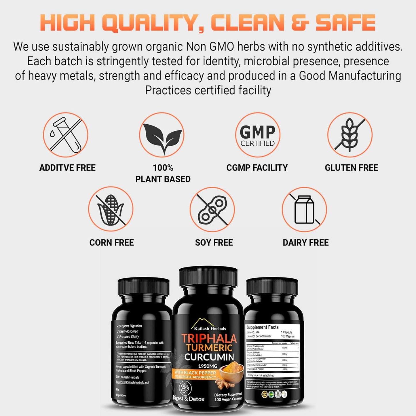 Vegan Digestive Supplement with Triphala, Turmeric, Curcumin & Black Pepper - 1950MG, 100 Capsules