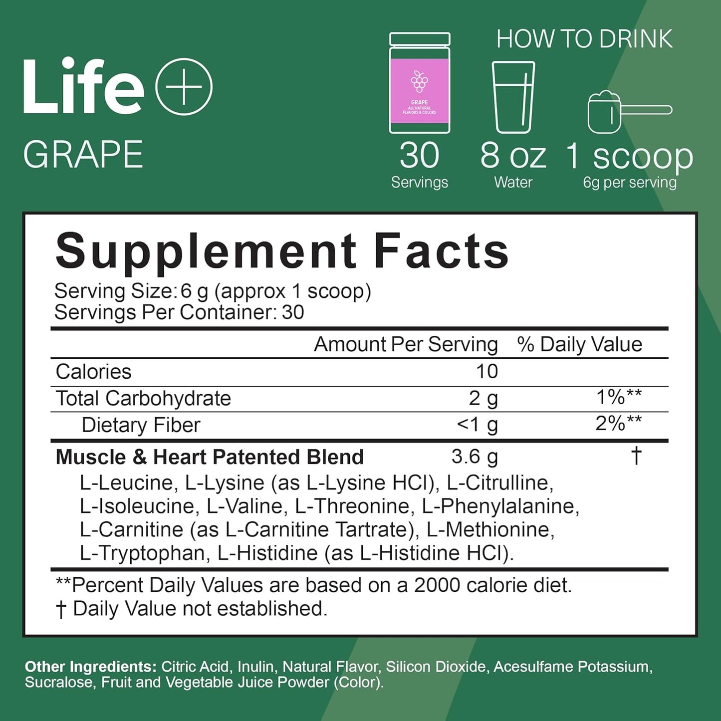 Vegan EAA Supplement Powder with Leucine and Citrulline for Muscle Growth and Heart Health - Grape Flavor, Non-GMO - 30 Servings